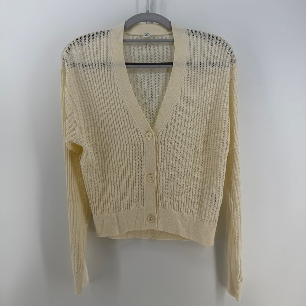 Uniqlo Cardigan Women XS Cream Pointelle Open Knit Mesh V-Neck  Minimalist Light